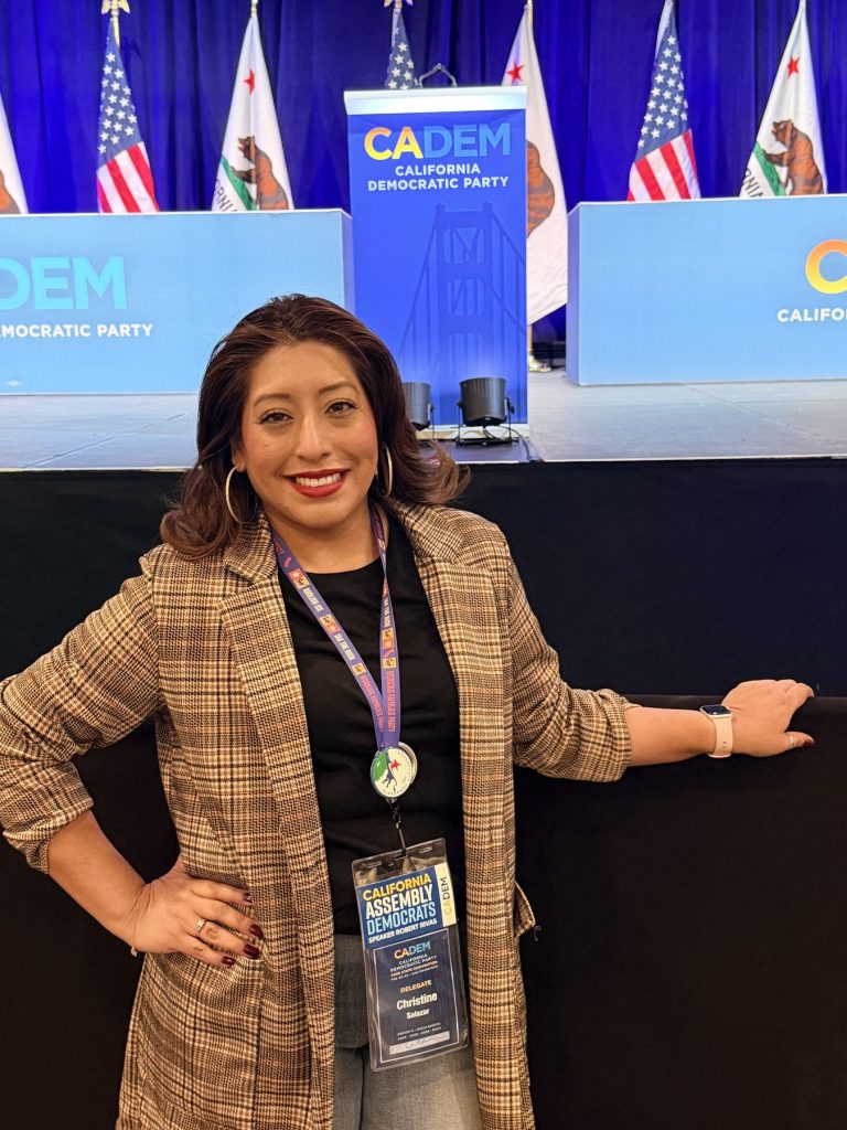 Christine Salazar on the California Democratic Party convention stage